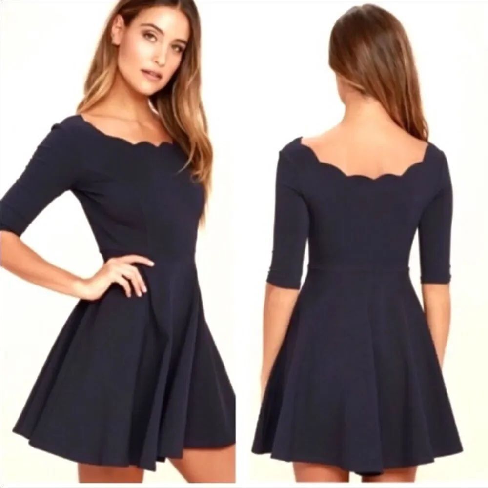 LULU’S | Tip the Scallops Navy Blue Mini Boatneck Wavy Dress Women’s Size XS